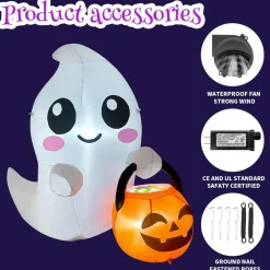 GOOSH 5FT Inflatable Cute Ghost with Pumpkin Bucket – Light-Up Halloween Yard Decoration