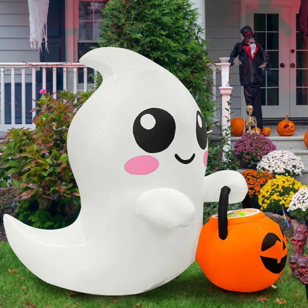 GOOSH 5FT Inflatable Cute Ghost with Pumpkin Bucket – Light-Up Halloween Yard Decoration