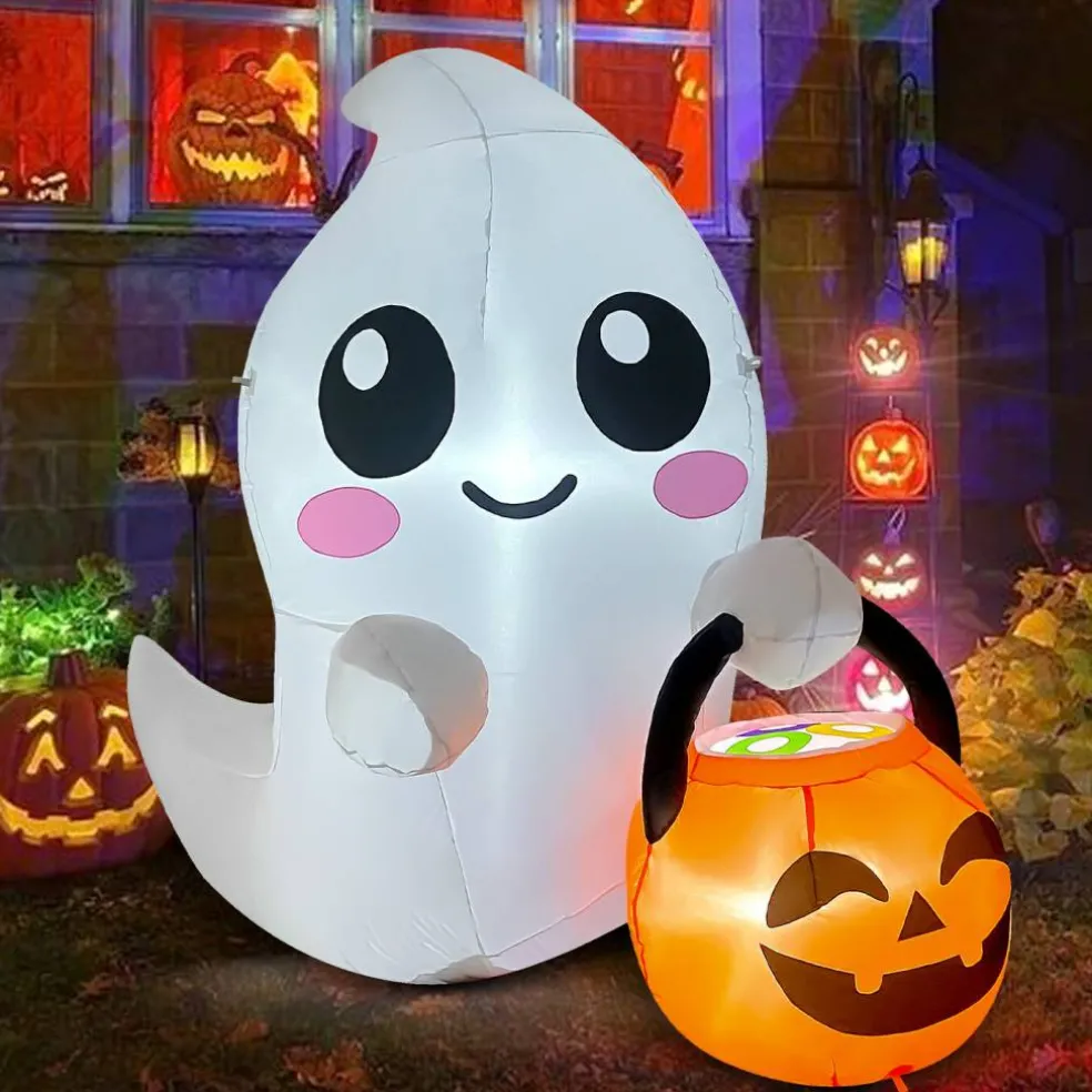 GOOSH 5FT Inflatable Cute Ghost with Pumpkin Bucket – Light-Up Halloween Yard Decoration