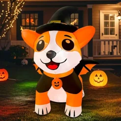 GOOSH 5.2FT Inflatable Halloween Dog with Witch Hat and Cape – Light-Up Yard Decoration