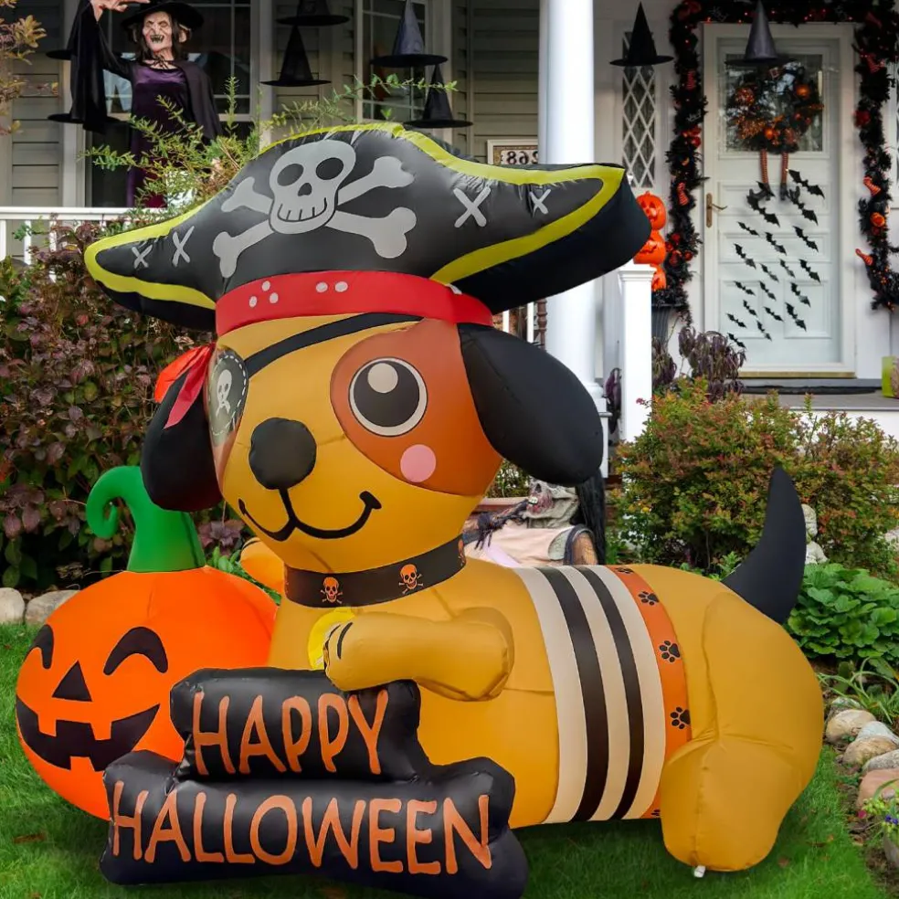 GOOSH 5FT Inflatable Pirate Dog with Pumpkin – Light-Up Happy Halloween Yard Decoration