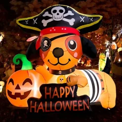 GOOSH 5FT Inflatable Pirate Dog with Pumpkin – Light-Up Happy Halloween Yard Decoration