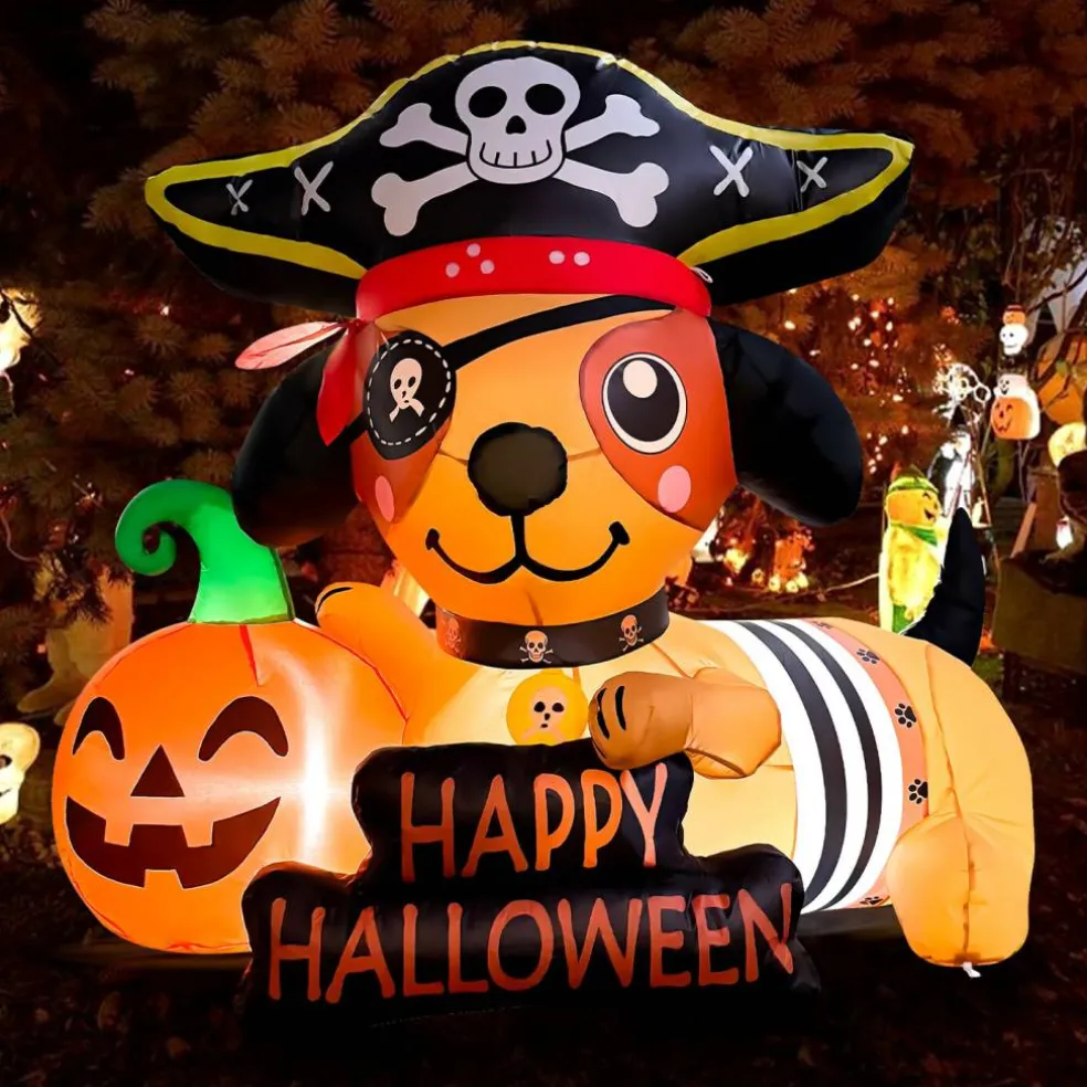 GOOSH 5FT Inflatable Pirate Dog with Pumpkin – Light-Up Happy Halloween Yard Decoration
