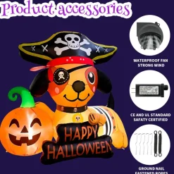 GOOSH 5FT Inflatable Pirate Dog with Pumpkin – Light-Up Happy Halloween Yard Decoration