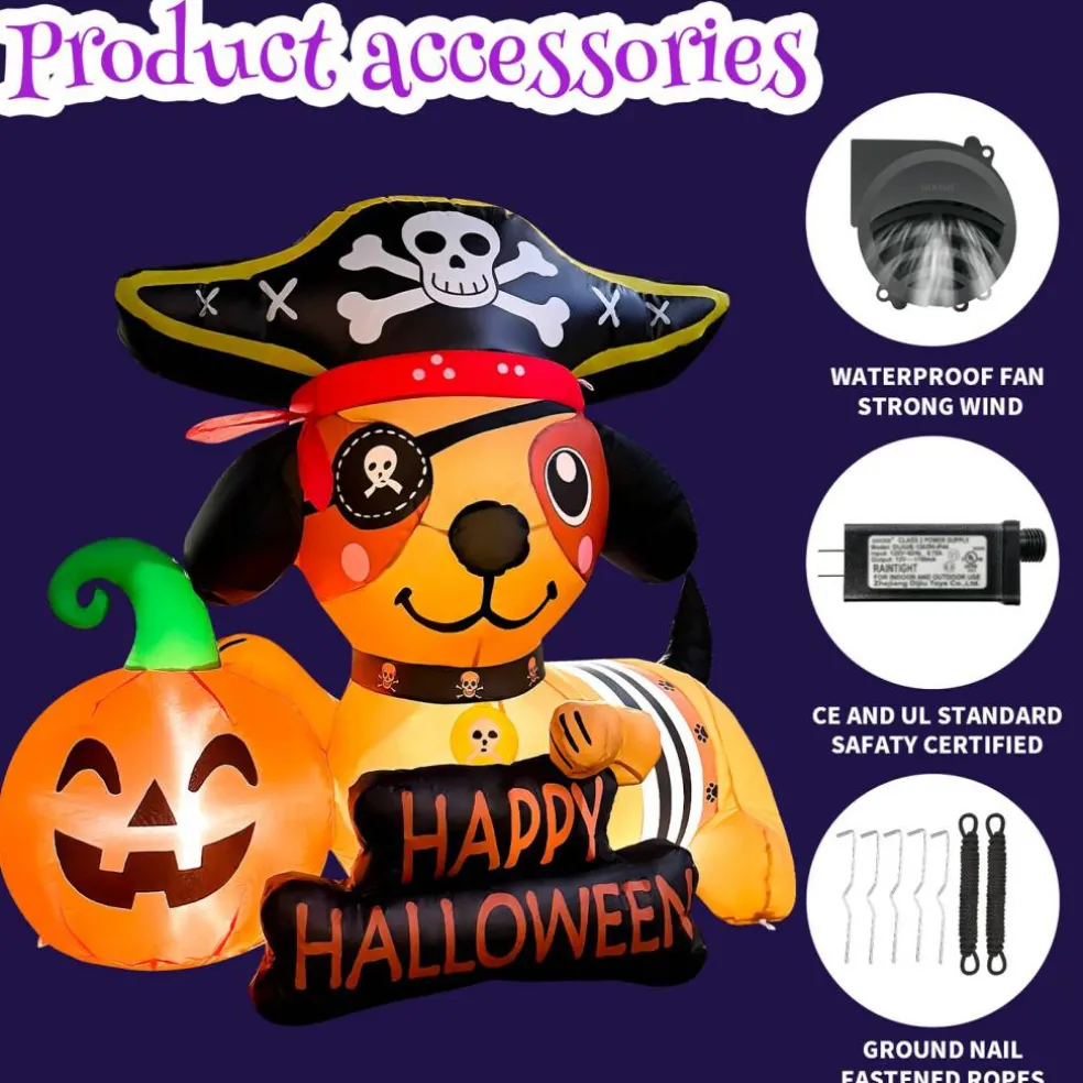 GOOSH 5FT Inflatable Pirate Dog with Pumpkin – Light-Up Happy Halloween Yard Decoration