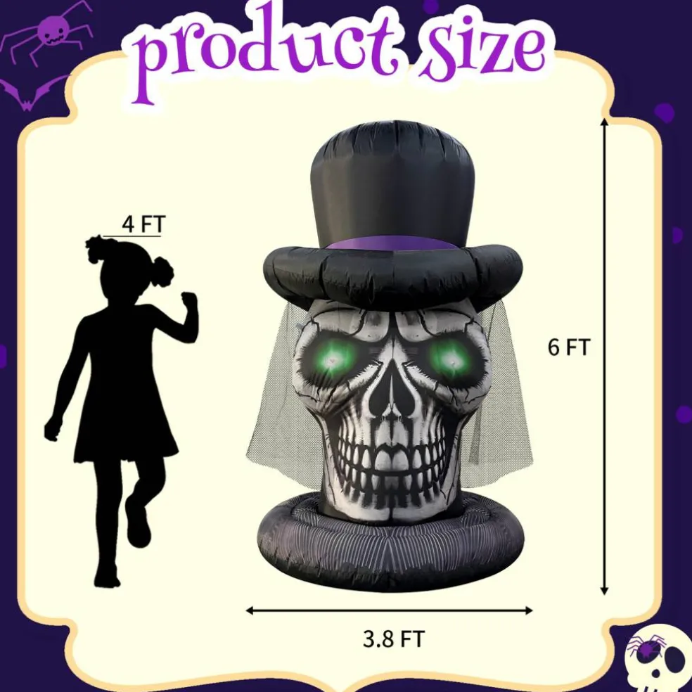 GOOSH 6FT Inflatable Skull with Top Hat – Light-Up Halloween Yard Decoration