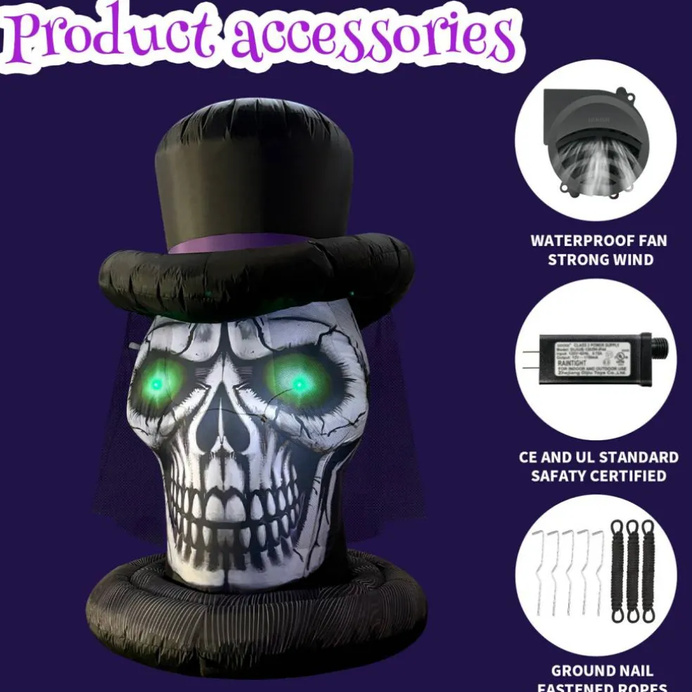 GOOSH 6FT Inflatable Skull with Top Hat – Light-Up Halloween Yard Decoration