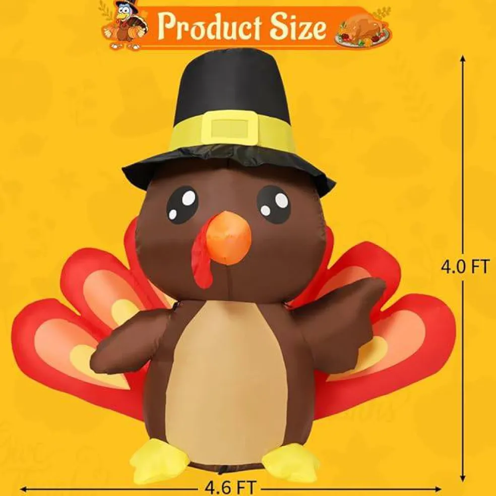 GOOSH 4FT Tall Thanksgiving Inflatables Turkey Baby in Hat with Built-in LEDs