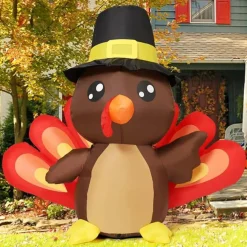 GOOSH 4FT Tall Thanksgiving Inflatables Turkey Baby in Hat with Built-in LEDs