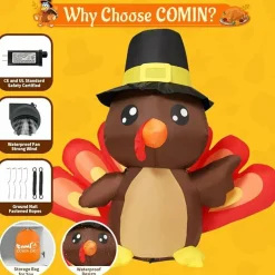 GOOSH 4FT Tall Thanksgiving Inflatables Turkey Baby in Hat with Built-in LEDs