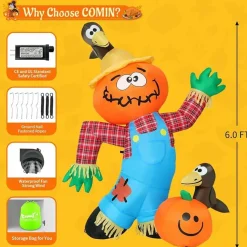 GOOSH 6 FT Thanksgiving Inflatable Decorations Crow Fall Harvest Pumpkin Scarecrow with Built-in LED Lights