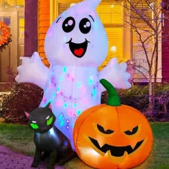 GOOSH Halloween Inflatable 5FT Ghost with Black Cat and Pumpkin with Built-in LEDs