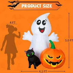 GOOSH Halloween Inflatable 5FT Ghost with Black Cat and Pumpkin with Built-in LEDs
