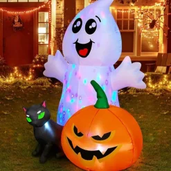 GOOSH Halloween Inflatable 5FT Ghost with Black Cat and Pumpkin with Built-in LEDs
