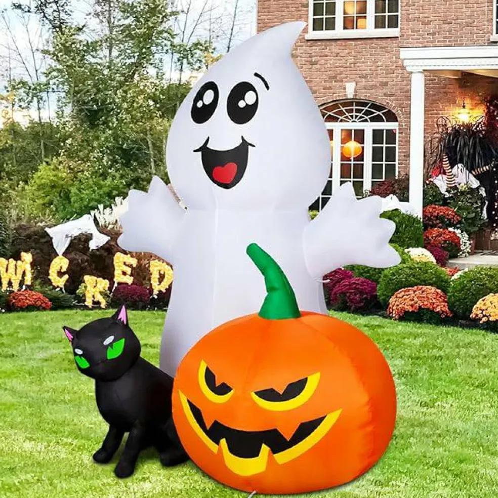 GOOSH Halloween Inflatable 5FT Ghost with Black Cat and Pumpkin with Built-in LEDs