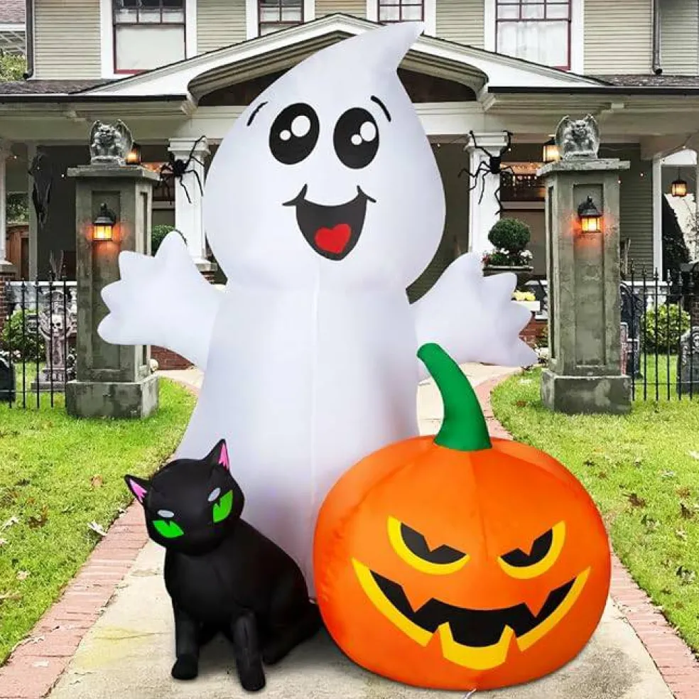 GOOSH Halloween Inflatable 5FT Ghost with Black Cat and Pumpkin with Built-in LEDs