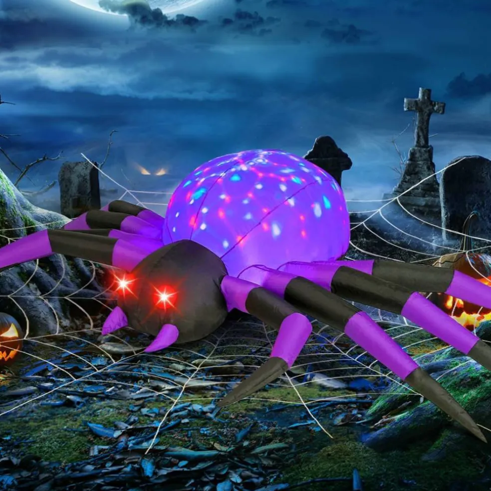 GOOSH Halloween Inflatables Outdoor Decorations, 9 FT Width Purple Spider-with LED Lights
