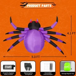 GOOSH Halloween Inflatables Outdoor Decorations, 9 FT Width Purple Spider-with LED Lights