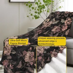 Gothic Bat & Floral Flannel Throw Blanket – Soft Plush Halloween Goth Blanket for Couch, Sofa & Bed – Cozy Lightweight Gothic Home Decor Gift for Women & Girls (50" x 60")