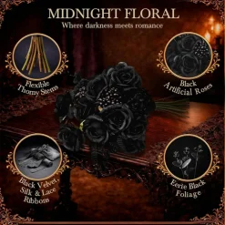 Gothic Black Rose Bouquet, 16PCS Artificial Silk Roses with Thorned Stems, Dark Victorian Floral Arrangement for Gothic Home Decor, Wedding Bridal Bouquet, Vase Display, DIY Centerpieces & Unique Gifts