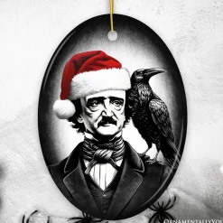 Gothic Edgar Allan Poe with Santa Hat And Raven Ornament, Spooky Halloween Tree Christmas Decor