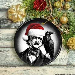 Gothic Edgar Allan Poe with Santa Hat And Raven Ornament, Spooky Halloween Tree Christmas Decor