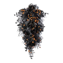 Gothic Halloween Décor Set: 22" Rose & Skeleton Table Tree, 24" Wreath w/ Hanger & 28" Berry Teardrop, Dark Floral Arrangement