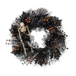Gothic Halloween Décor Set: 22" Rose & Skeleton Table Tree, 24" Wreath w/ Hanger & 28" Berry Teardrop, Dark Floral Arrangement