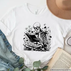 Gothic Reading Skeleton T-Shirt, Floral Halloween Tee for Spooky Bookworms