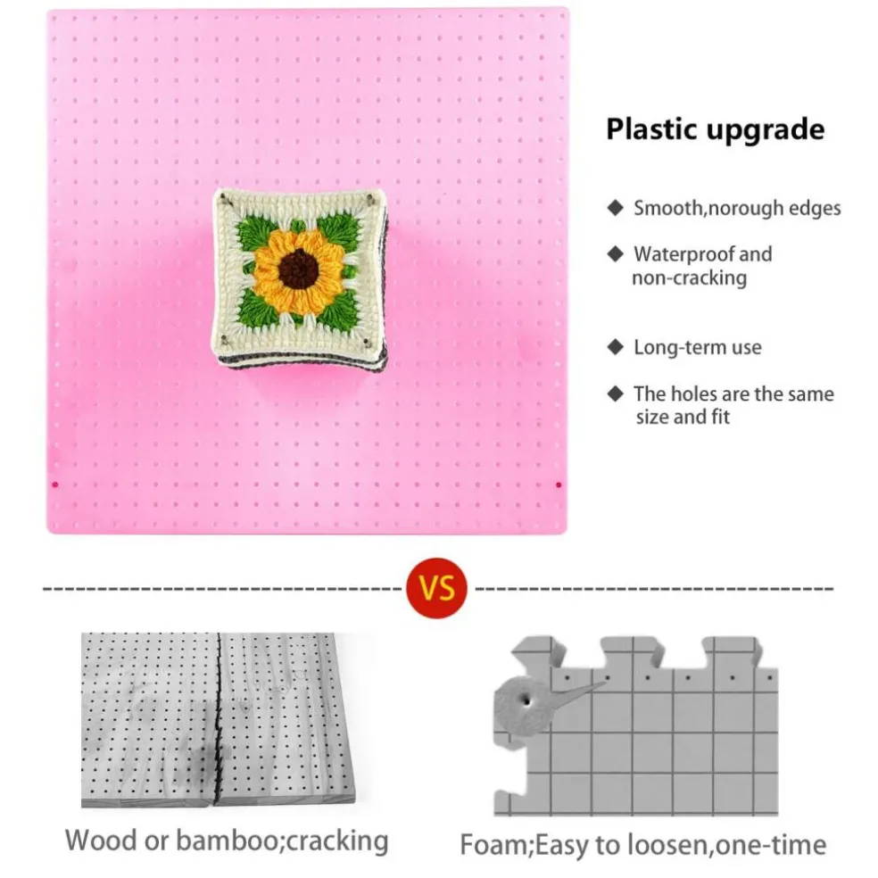 13''Granny Square Blocking Boards for Crochet Projects, Crochet Blocking Board with 20 pegs, Large-Sized Plastic Blocking Board is a Gift for Crochet Enthusiasts and Beginners (Pink)