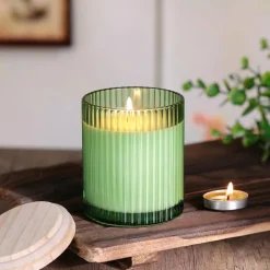 Green Candle Jars with Lids, 8-Pack 12 oz Ribbed Glass Candle Containers, Reusable Candle Making Vessels with Wooden Lids & Warning Labels, DIY Candle Jars for Homemade Candles, Gifts, Wedding & Home Decor