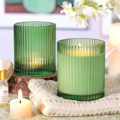 Green Candle Jars with Lids, 8-Pack 12 oz Ribbed Glass Candle Containers, Reusable Candle Making Vessels with Wooden Lids & Warning Labels, DIY Candle Jars for Homemade Candles, Gifts, Wedding & Home Decor