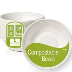 Greener Settings 32 oz Compostable Paper Bowls, 50-Pack – Heavy-Duty Bagasse, Biodegradable, Microwavable, Freezer Safe, Leak-Resistant, Eco-Friendly for Hot and Cold Foods