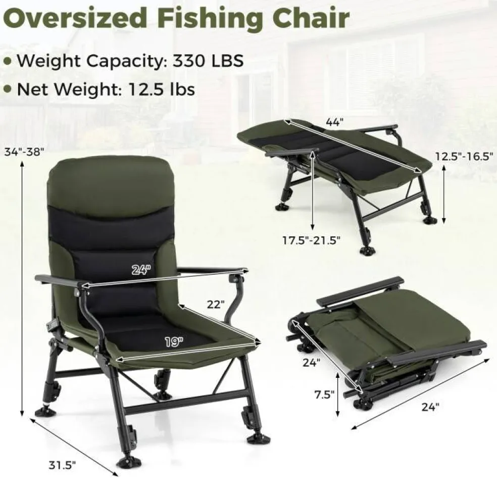 Green Oversized Foldable Fishing Chair for Adults with Armrest