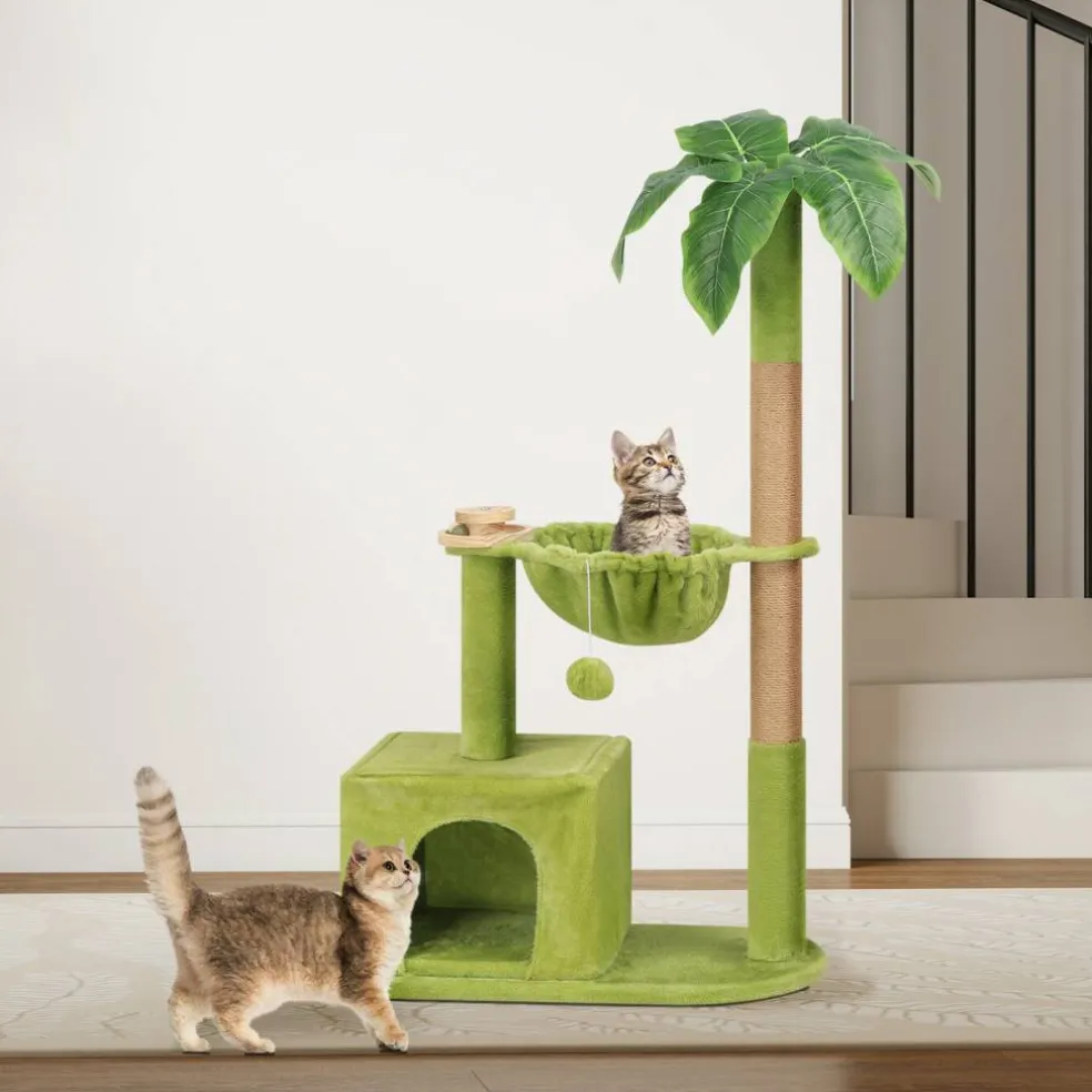 Green Palm Tree Cat Tower, Multi‑Function Cat Tree with Scratching Post Condo Hammock for Indoor Cats