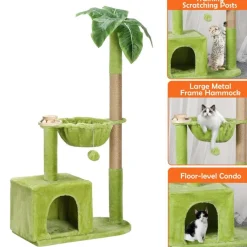 Green Palm Tree Cat Tower, Multi‑Function Cat Tree with Scratching Post Condo Hammock for Indoor Cats