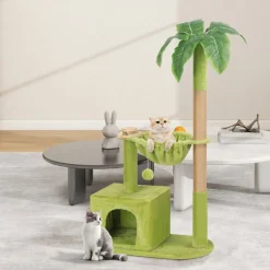 Green Palm Tree Cat Tower, Multi‑Function Cat Tree with Scratching Post Condo Hammock for Indoor Cats