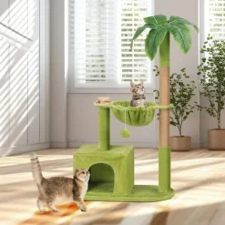 Green Palm Tree Cat Tower, Multi‑Function Cat Tree with Scratching Post Condo Hammock for Indoor Cats