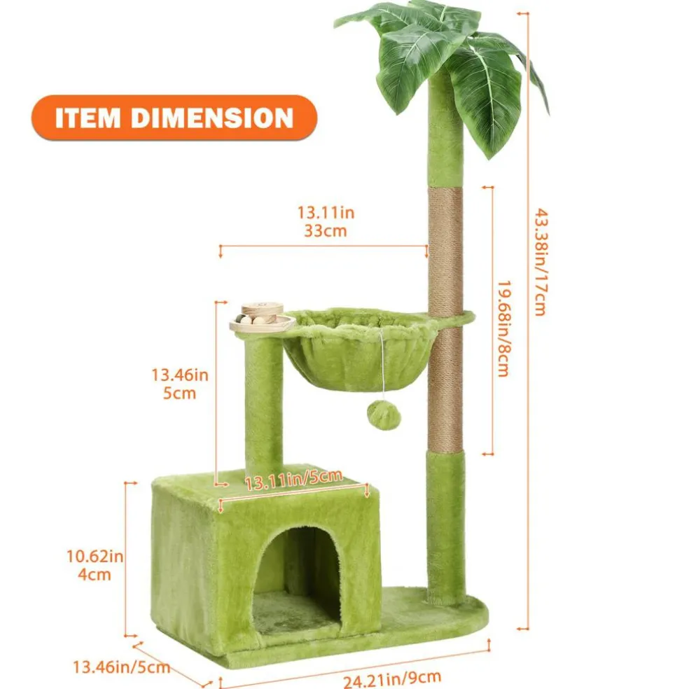 Green Palm Tree Cat Tower, Multi‑Function Cat Tree with Scratching Post Condo Hammock for Indoor Cats