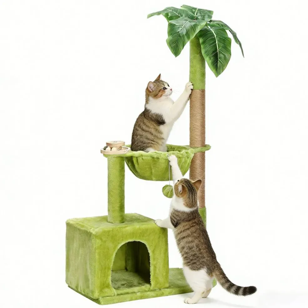 Green Palm Tree Cat Tower, Multi‑Function Cat Tree with Scratching Post Condo Hammock for Indoor Cats