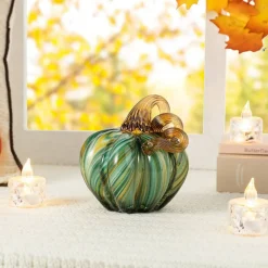 Green Striped Handcrafted Glass Pumpkin – Small & Medium Sizes for Fall Decor