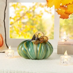 Green Striped Handcrafted Glass Pumpkin – Small & Medium Sizes for Fall Decor