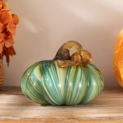 Green Striped Handcrafted Glass Pumpkin – Small & Medium Sizes for Fall Decor