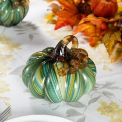 Green Striped Handcrafted Glass Pumpkin – Small & Medium Sizes for Fall Decor