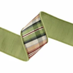Green Tan Plaid Wired Ribbon | Dupioni Backing Fall Ribbon | 2.5" x 10yd-5600W-570-63E