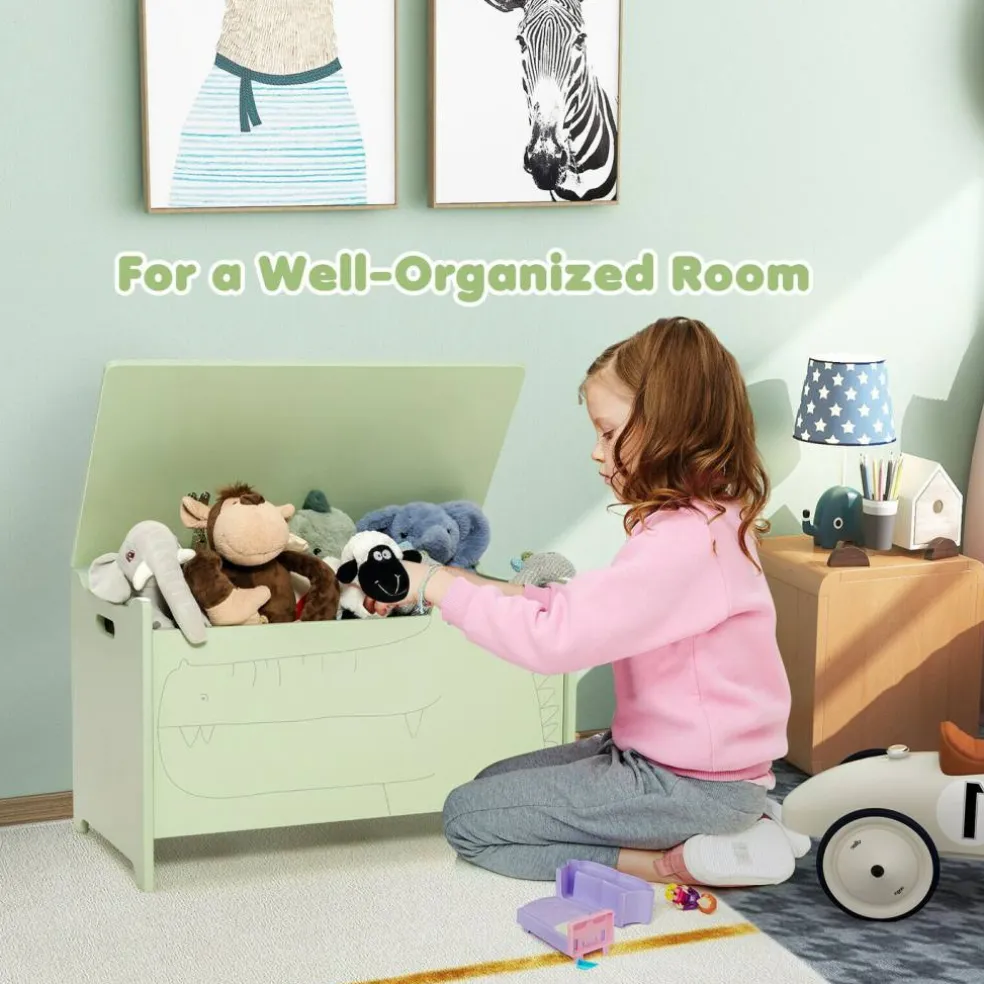 Green Toy Storage Chest for Kids with Safety Lid and Handles
