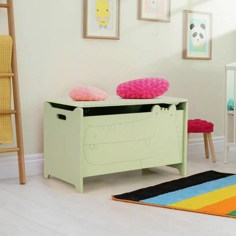 Green Toy Storage Chest for Kids with Safety Lid and Handles