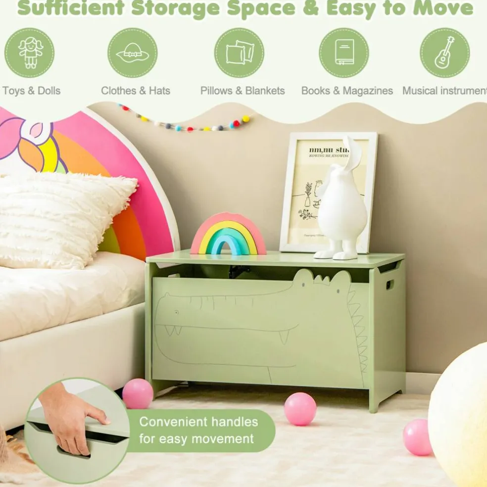 Green Toy Storage Chest for Kids with Safety Lid and Handles