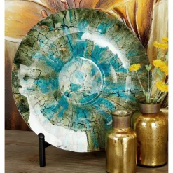 18" Green & Turquoise Glass Glam Decorative Plate with Stand
