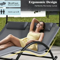 Grey Metal Fabric Double Rocking Chaise Lounge with Adjustable Canopy, Padded Headrests, Outdoor Patio Pool Deck Lounger